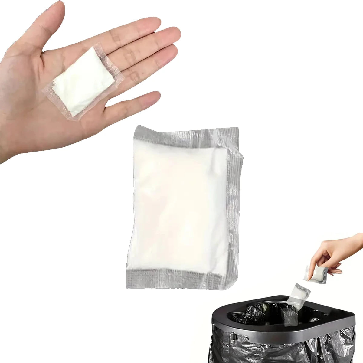 A hand holds a white absorbent powder packet, with another hand placing a similar packet into a black plastic container.