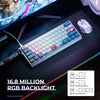 A close-up view of a compact aluminum mechanical keyboard with custom art keycaps and RGB backlight on a dark surface.