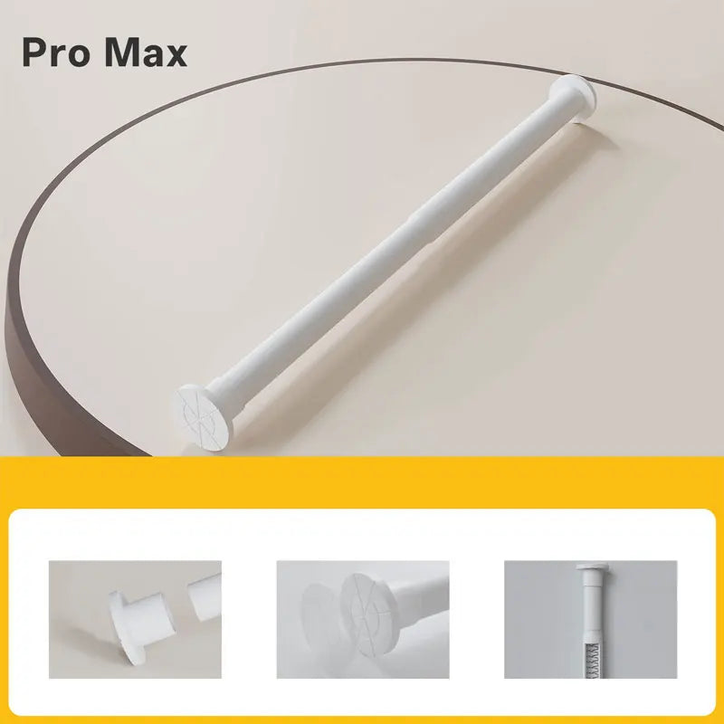 A white Pro Max adjustable shower curtain rod is shown in a close-up view.