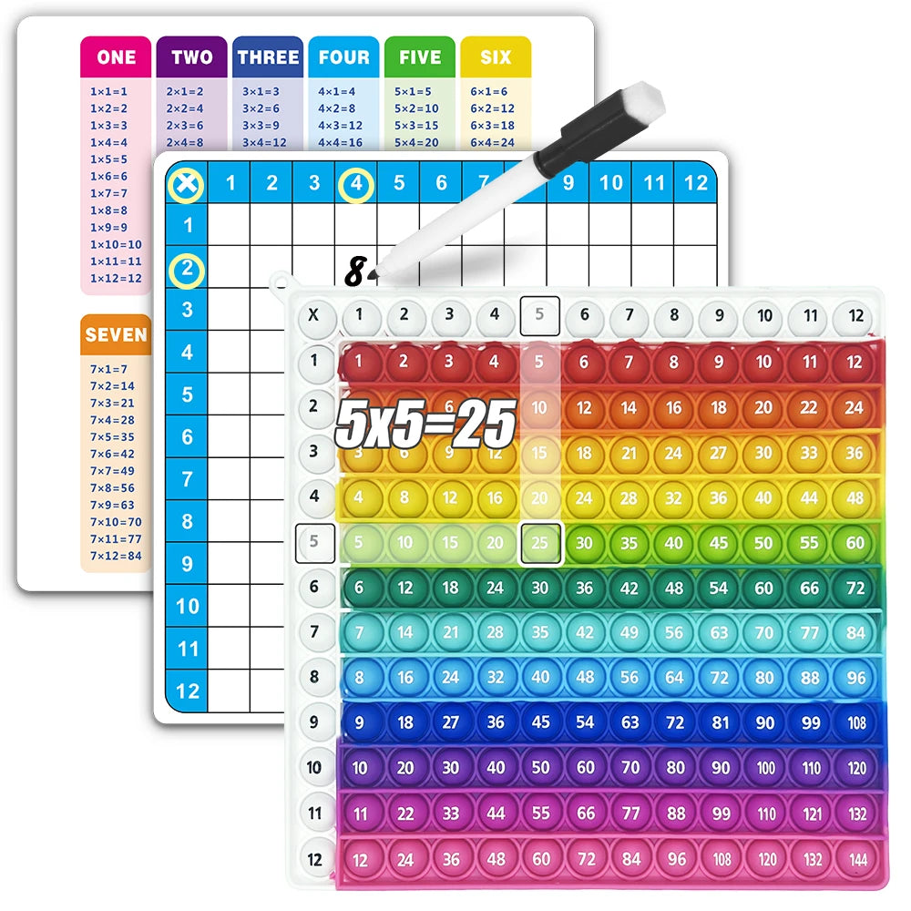 A set of multiplication practice flashcards for tables one through six, featuring an erasable pen.