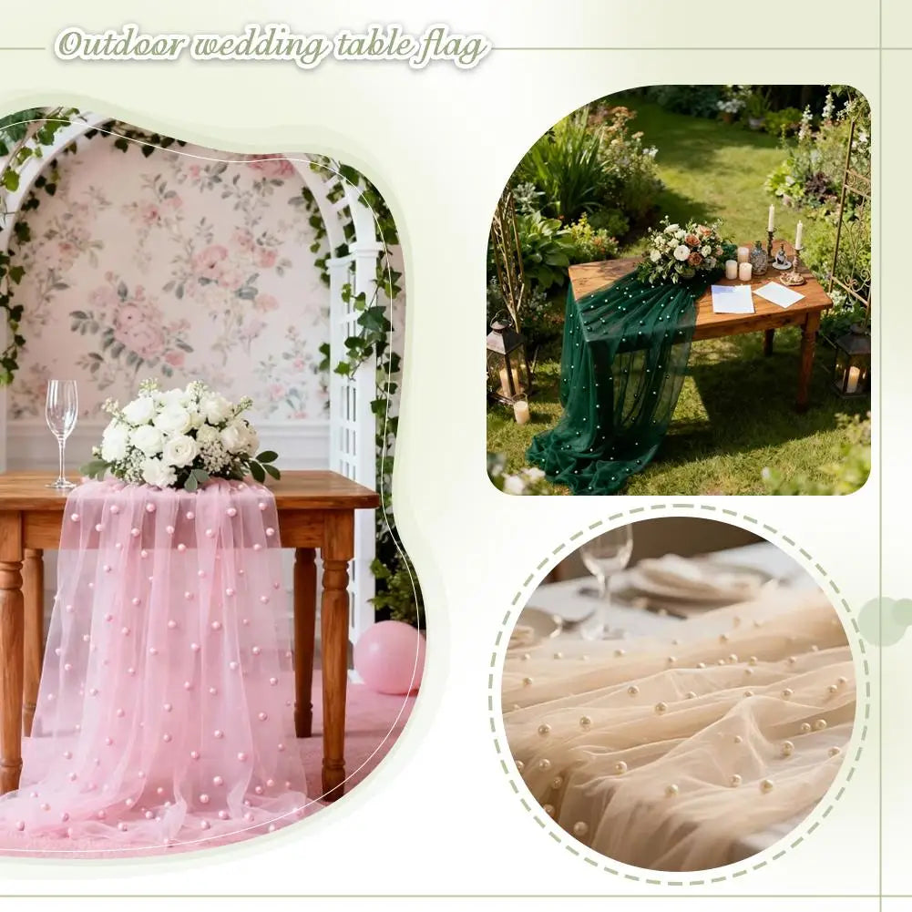 A display of a pink pearl beaded tulle table runner and floral decor for an outdoor wedding table.