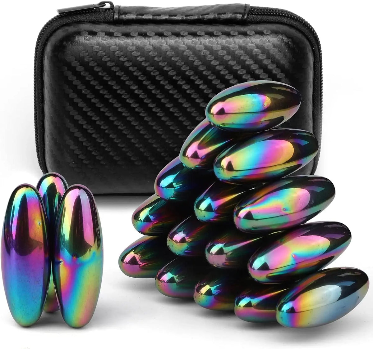 A set of iridescent magnetic fidget balls displayed next to their black storage case.