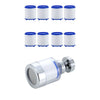 A set of white and blue faucet water filter cartridges and a silver faucet water filter purifier.
