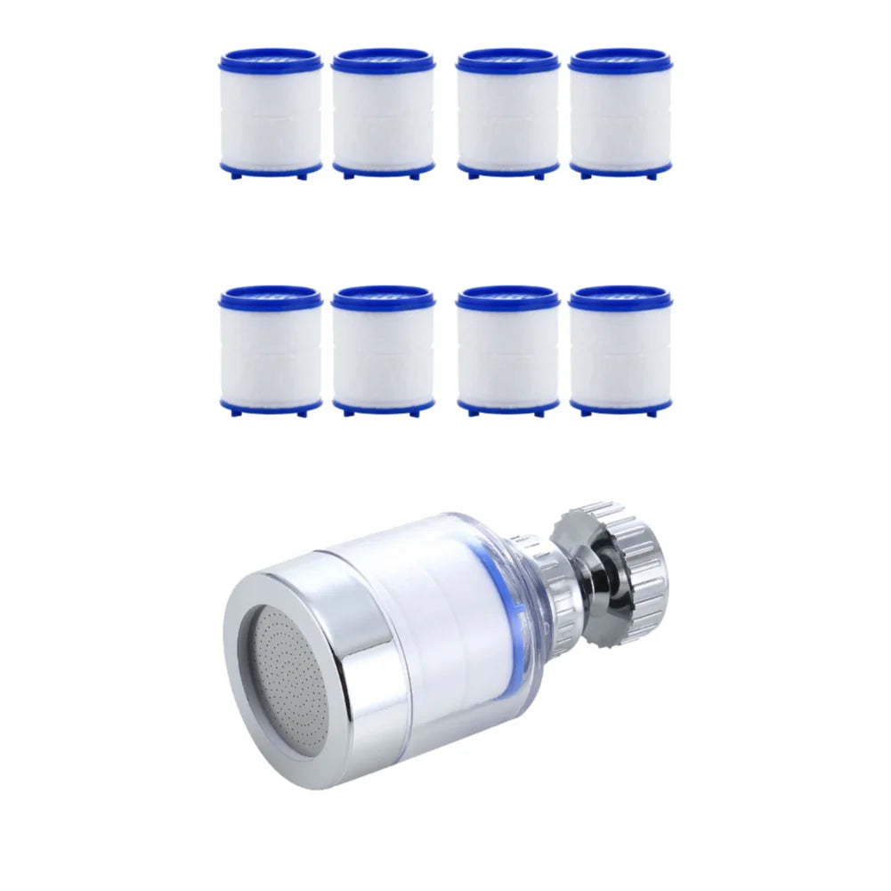 A set of white and blue faucet water filter cartridges and a silver faucet water filter purifier.
