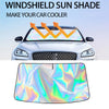 A foldable car windshield sunshade with side window covers and storage bag shown in a close-up view.