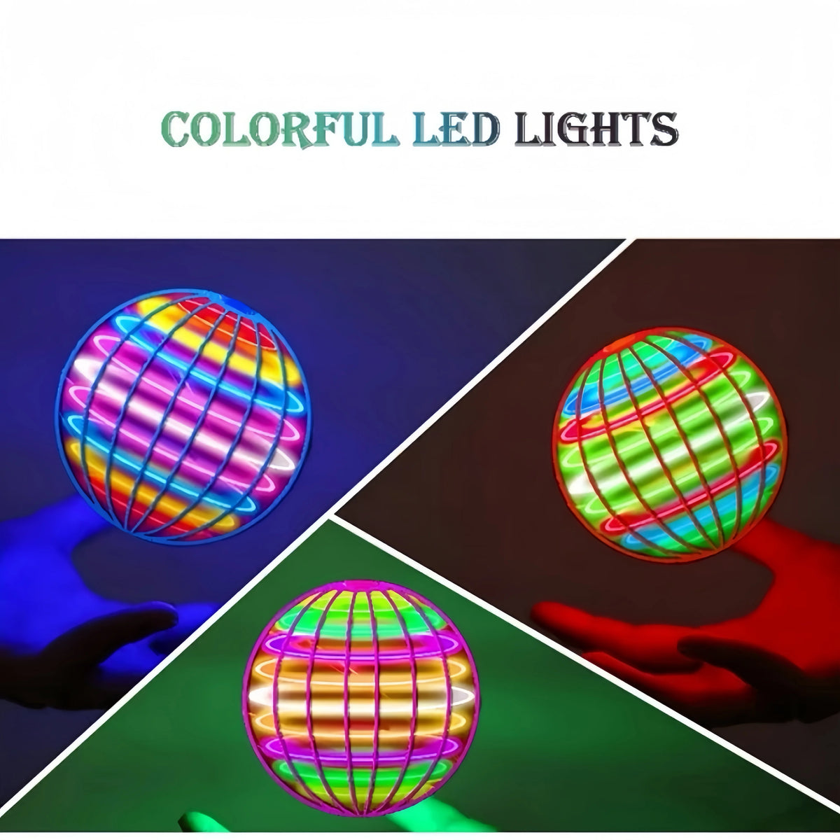 Colorful LED lights in various colors spinning like a globe, demonstrating the LED flying spinner toy.