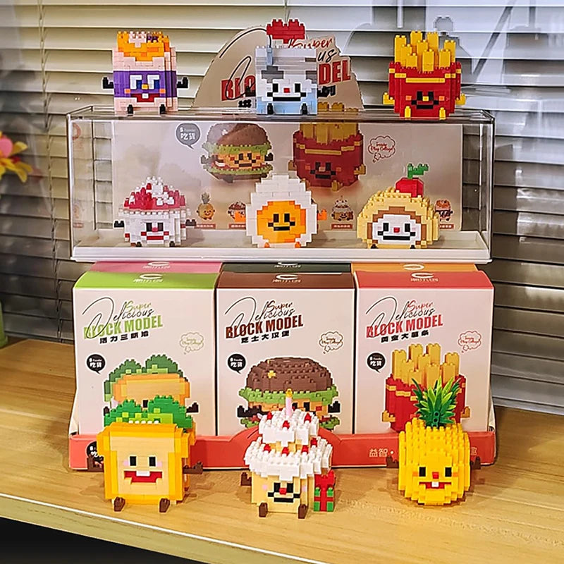 A set of cute micro building blocks dessert figurines featuring various food items like burgers, ice cream, and fruit in colo