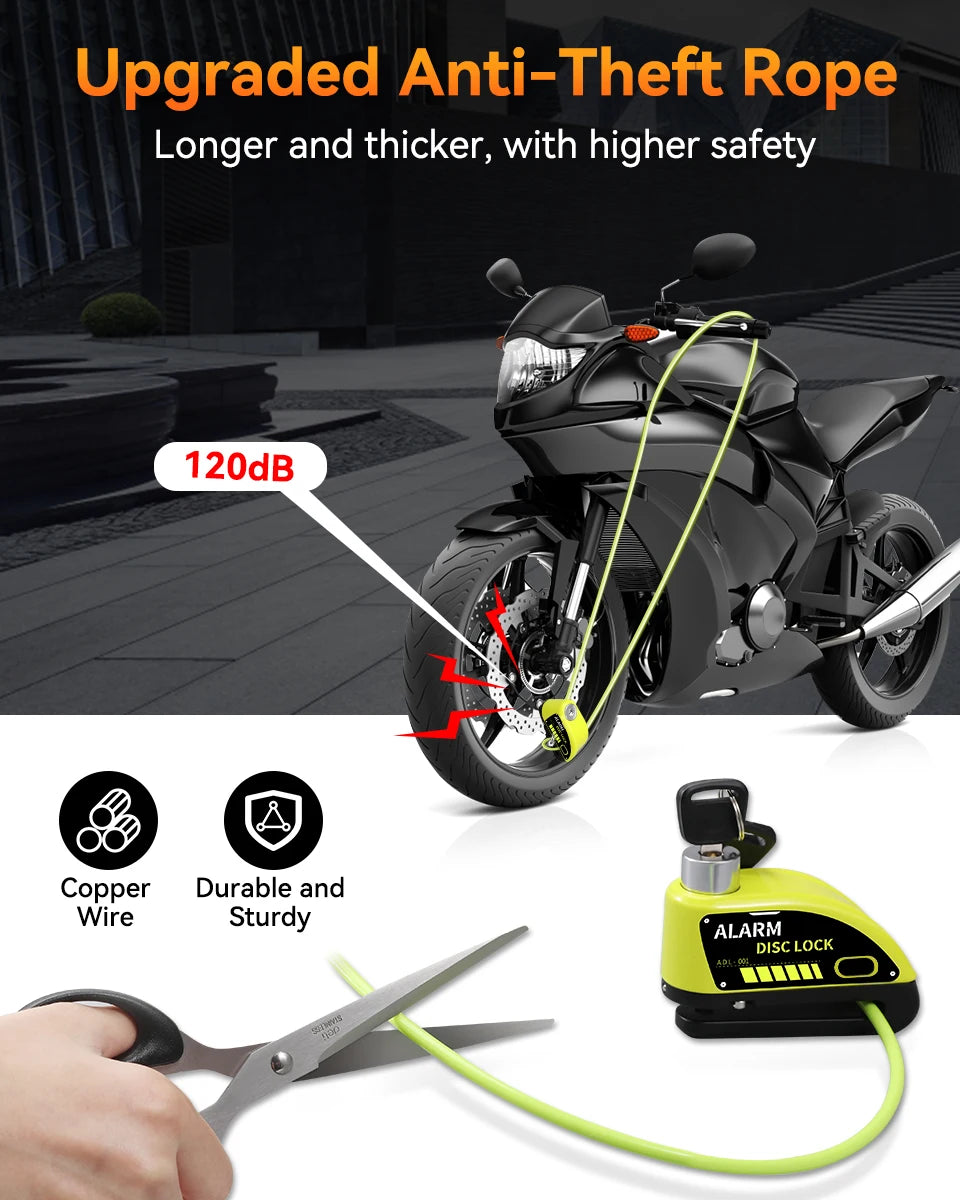 A black motorcycle features an upgraded anti-theft rope and a yellow alarm disc lock connected by a green wire.