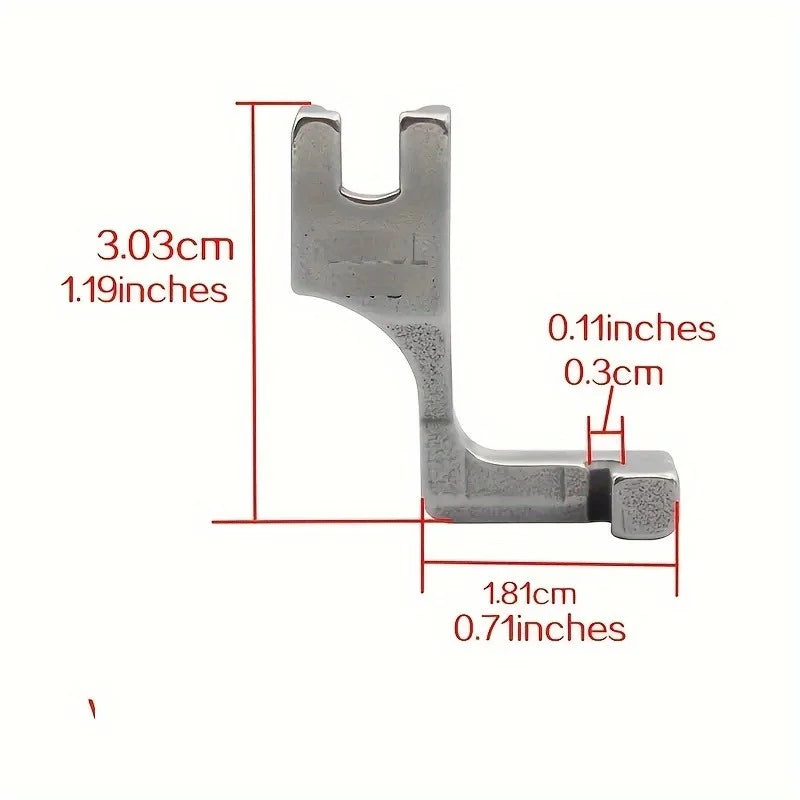 Stainless steel invisible zipper presser foot with dimensions shown.