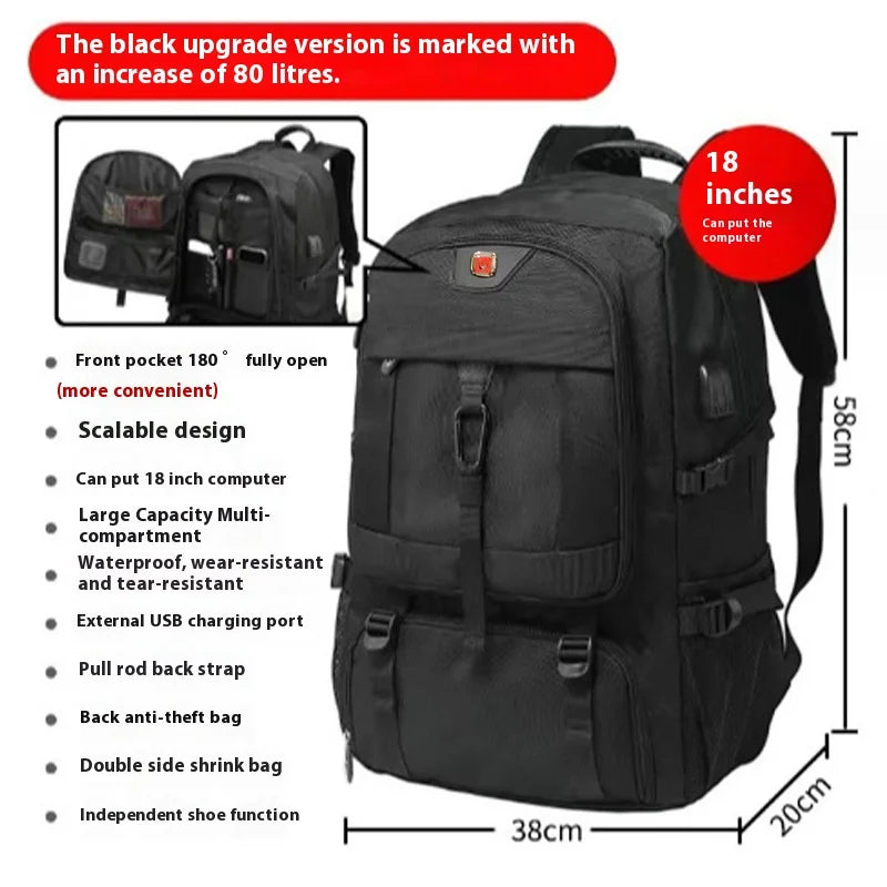 Black travel backpack featuring a laptop sleeve, multiple compartments, and an independent shoe section.