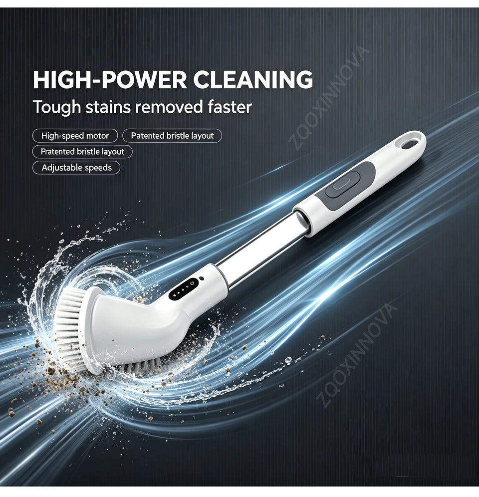 A white cordless electric spin scrubber with a rotating brush head is shown cleaning stains on a dark surface.