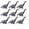 A set of ten black and white embroidered iron-on patches depicting stylized dinosaur or monster skulls.