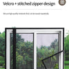 A black window frame with a zippered mosquito net screen is shown in an outdoor setting.