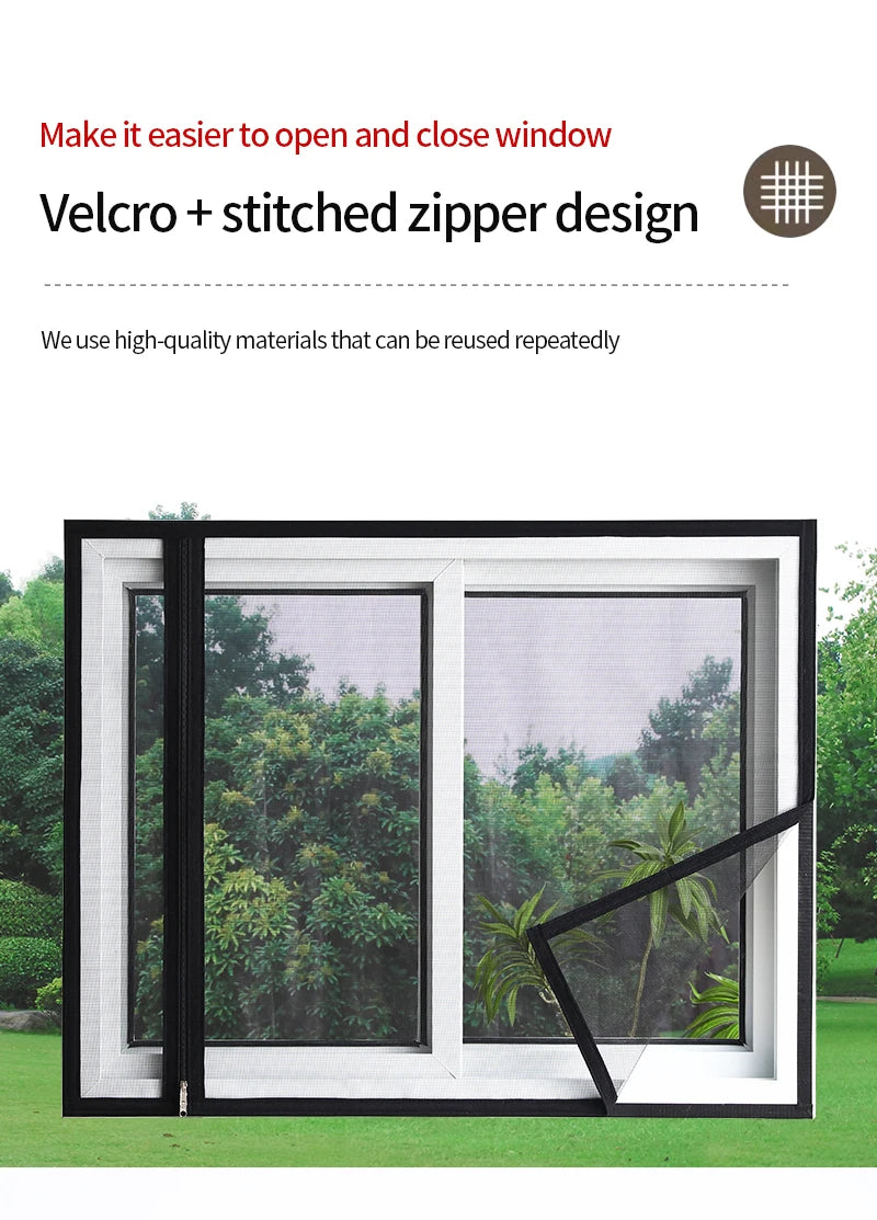 A black window frame with a zippered mosquito net screen is shown in an outdoor setting.