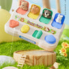 A white sensory toy featuring animal figures in colored slots, set in a green outdoor environment.