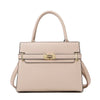 A pale pink leather handbag with a gold clasp and matching coin purse.