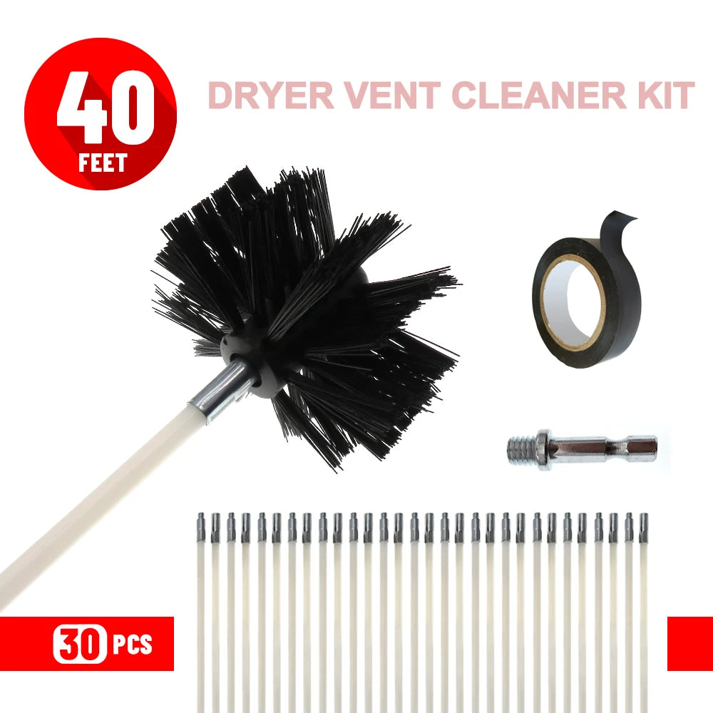 A kit for dryer vent cleaning featuring a 40 feet brush, a cleaning tool, and 30 cleaning rods.