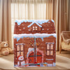 A colorful illustration of a wooden play castle tent with snow and festive decorations.