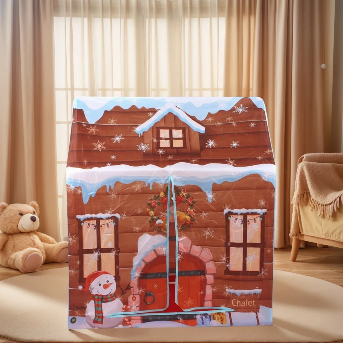 A colorful illustration of a wooden play castle tent with snow and festive decorations.