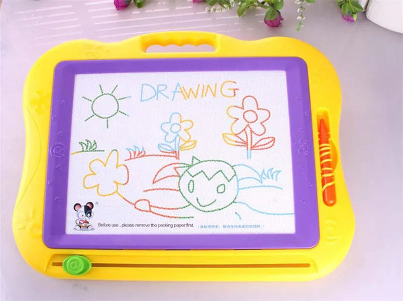 A yellow magnetic drawing board for kids with a purple surface showing various drawings like a sun, flowers, and a face.