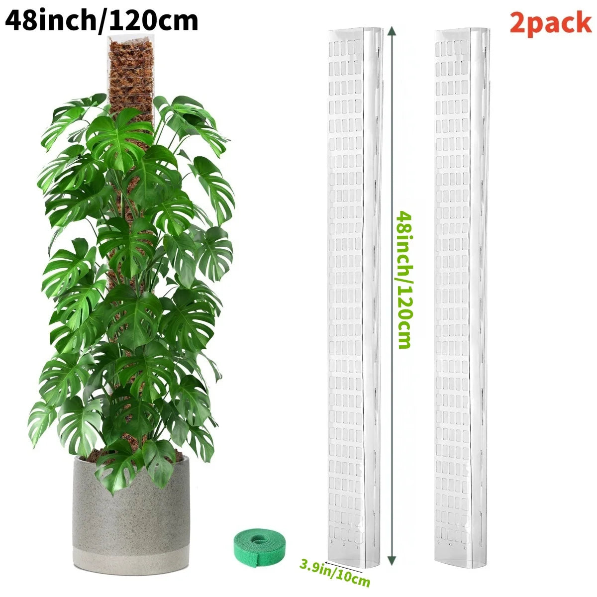 A 2-pack of 48 inch by 120 cm durable plastic plant moss pole for climbing indoor plants.