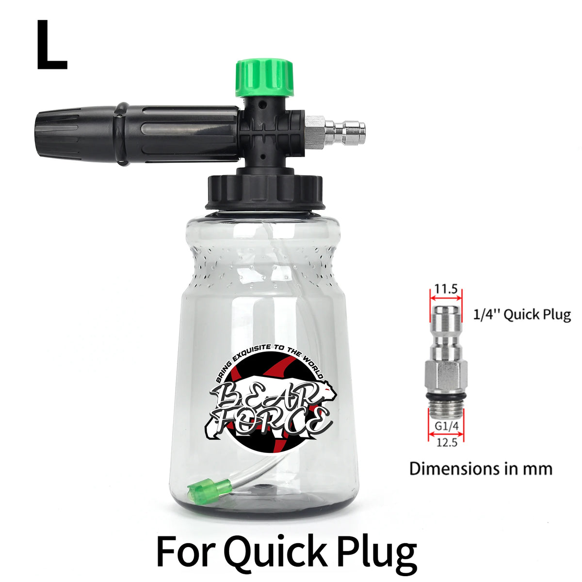 A clear plastic bottle with a green cap and a black nozzle, designed for a quick plug connection.