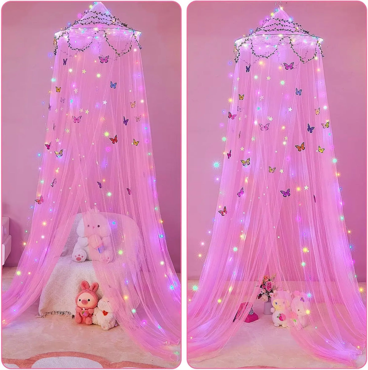 Pink sheer bed curtain draped like a dome mosquito net with sparkling LED lights and soft bedding accessories