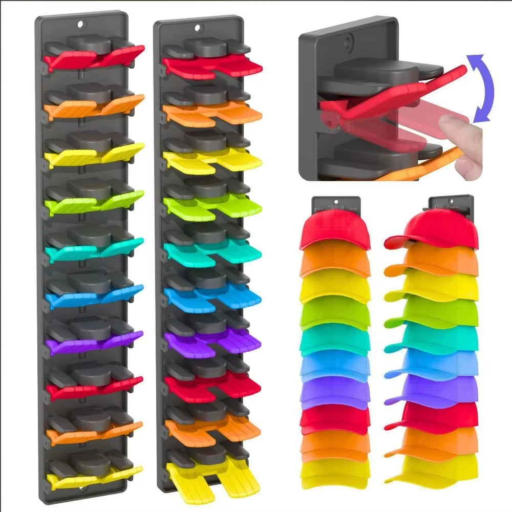Wall-mounted organizer rack for baseball caps in various colors and styles