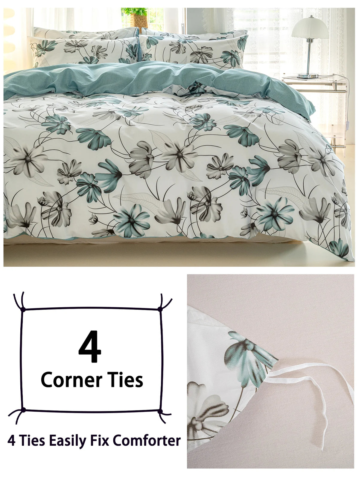 A white duvet cover featuring a watercolor floral pattern in teal and grey tones, shown on a bed.