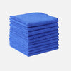 A stack of bright blue microfiber cleaning towels.