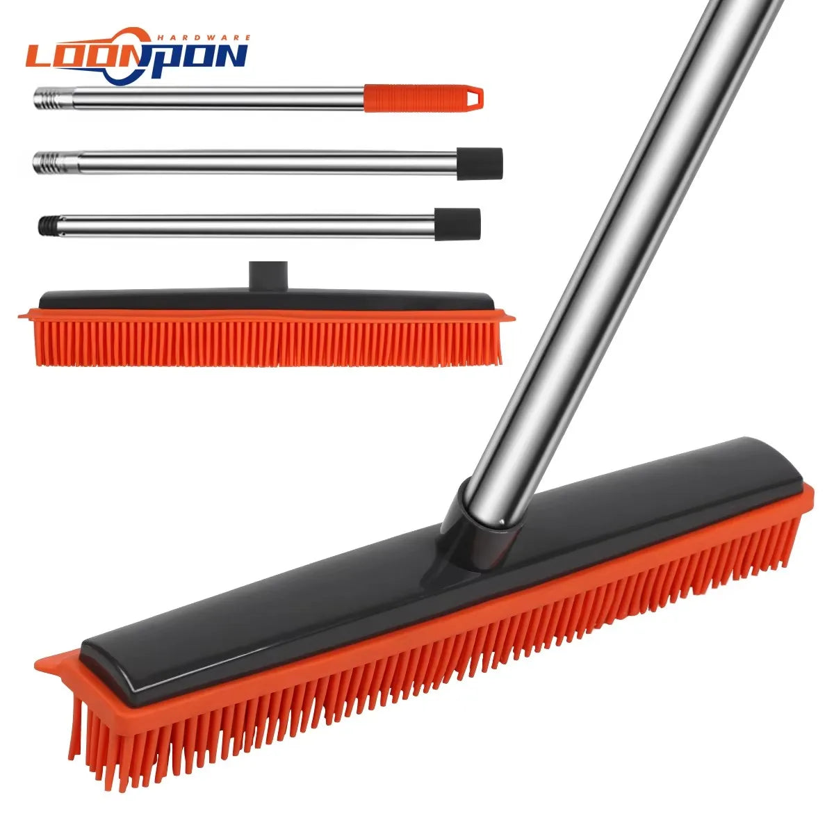 A set of rubber brooms and carpet rakes with adjustable metal handles shown in various configurations.