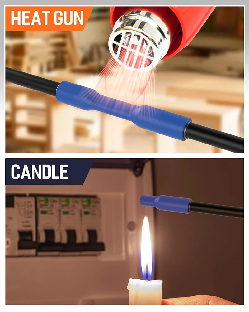 A heat gun is shown applying heat to a candle, demonstrating the use of heat shrink tubing for wire protection.