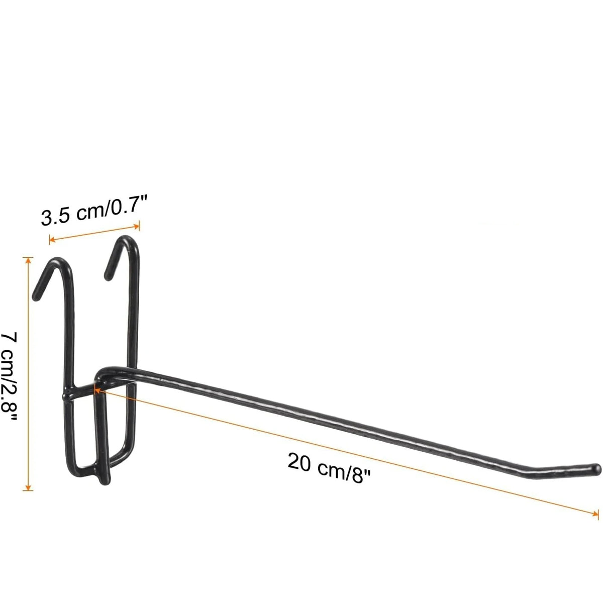 Black heavy duty grid hooks with a 20 cm long bar and 3.5 cm hooks for display and organization