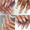 Close-up photos showcasing various floral silicone nail art molds and designs on fingernails.