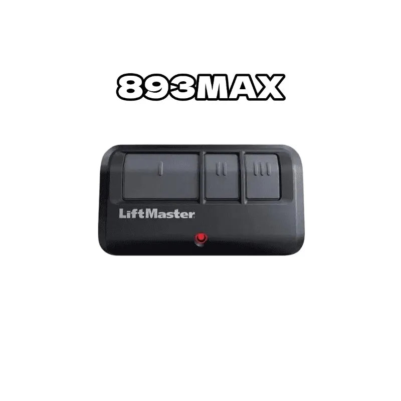 A black LiftMaster garage door opener receiver with three rocker switches and a red light.