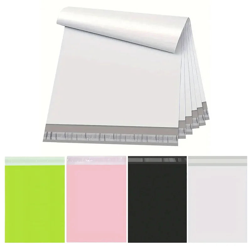 A stack of white self-adhesive waterproof mailing bags shown in various colors including lime green, pink, black, and white.