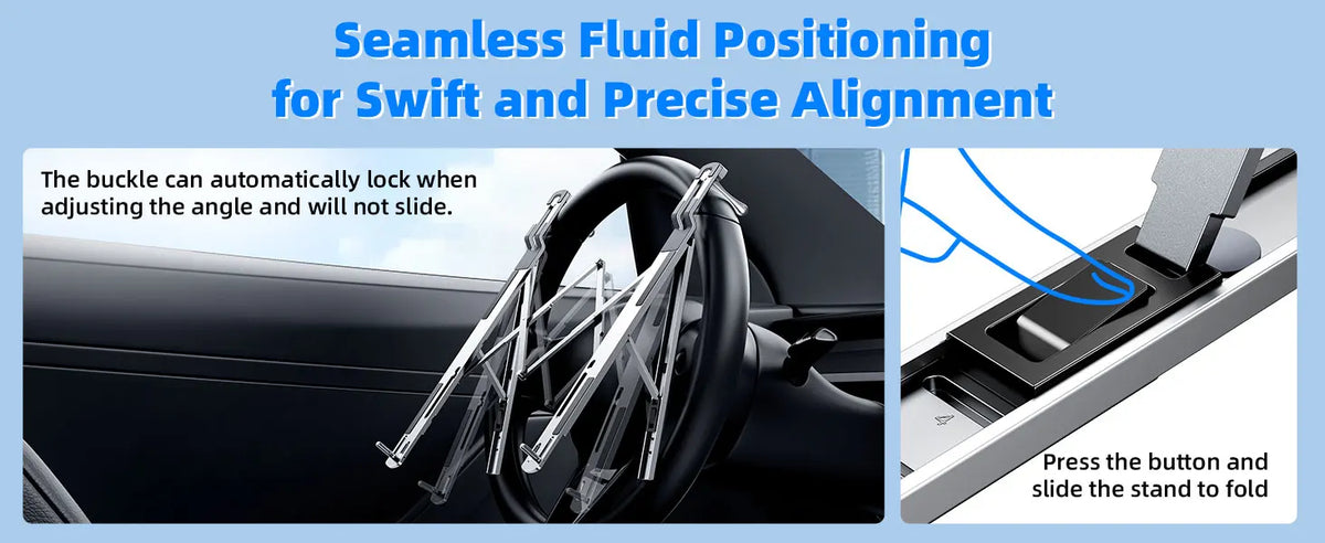 Foldable aluminum laptop stand for car steering wheel showing a buckle locking mechanism.