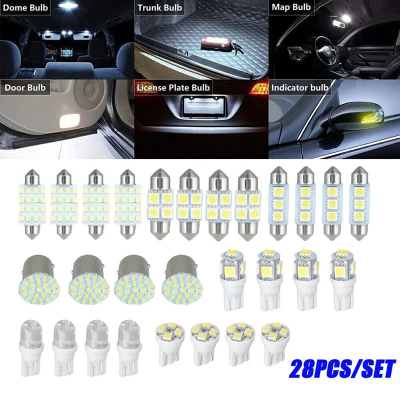 A set of various car interior LED bulbs including dome, trunk, map, license plate, and indicator lights.