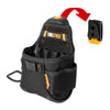 Black heavy duty electrician tool pouch with multiple pockets and an attached tool holder