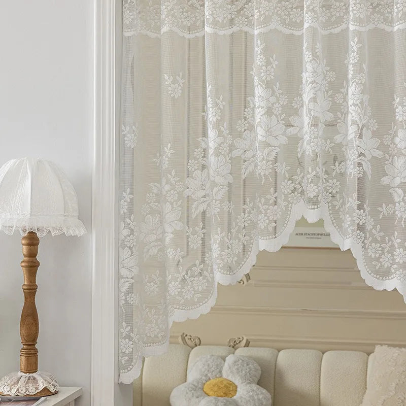 White Sheer Lace Curtain Valance with Floral Jacquard Pattern