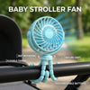 A light blue baby stroller fan with a flexible tripod stand and rechargeable battery attached to a handlebar.
