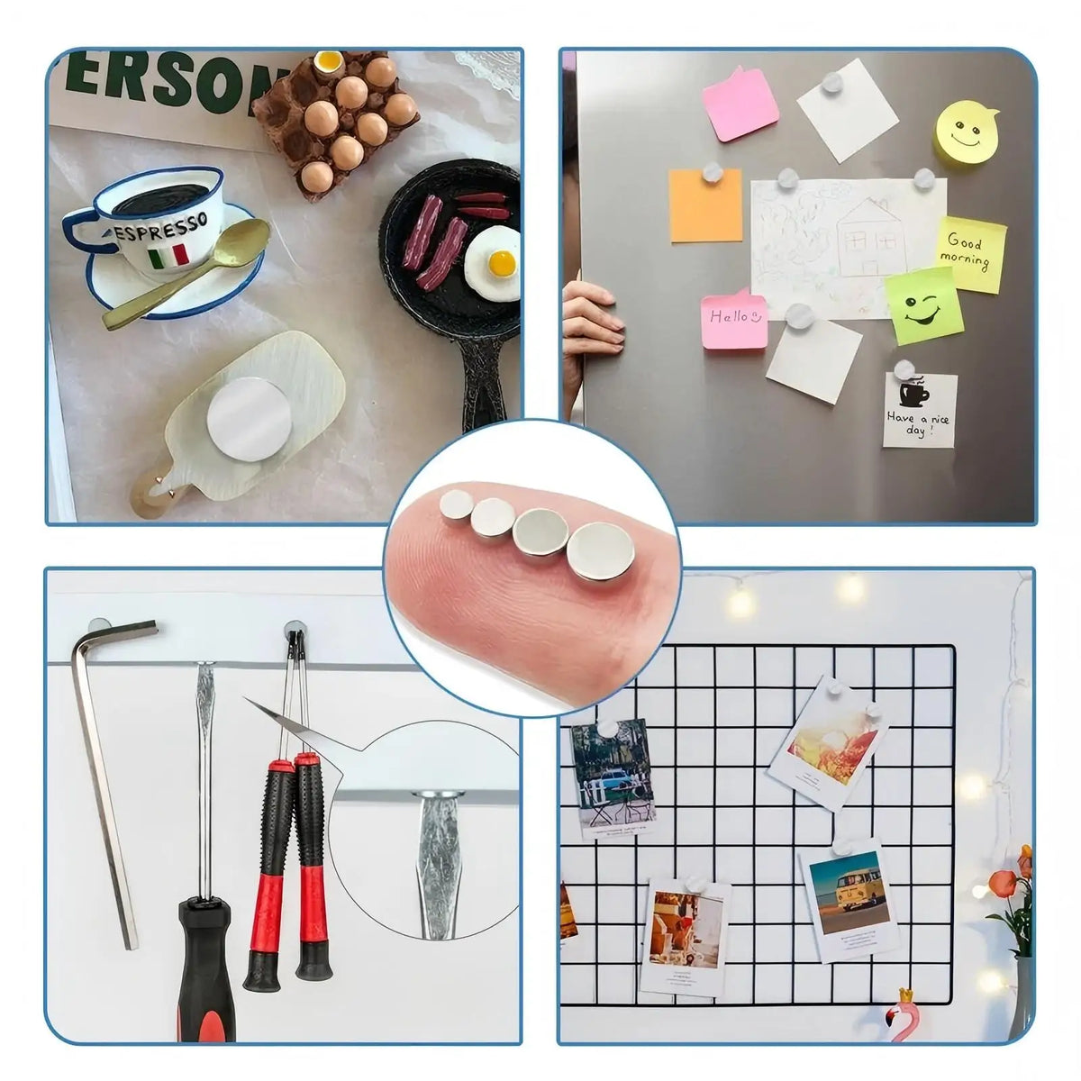 A collection of strong multipurpose refrigerator magnets including various shapes and colors.