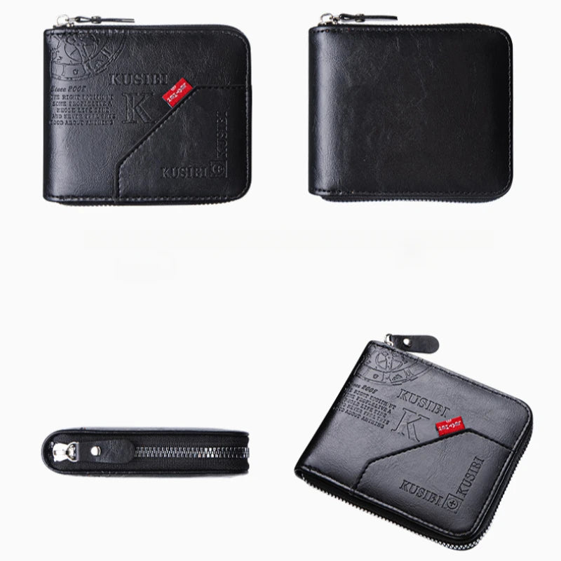 Black PU leather zipper wallet with a coin pocket shown in multiple angles
