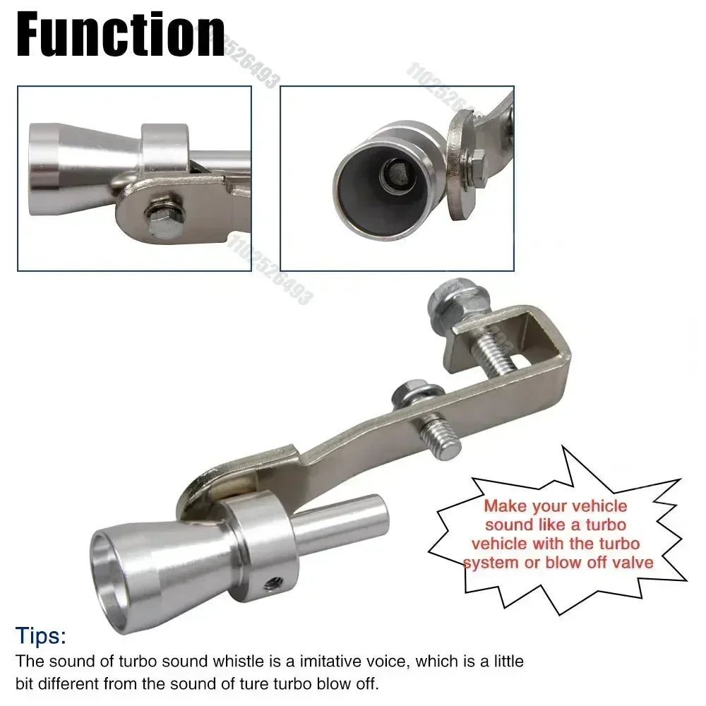 A metal turbo sound whistle designed to be attached to a vehicle's exhaust pipe.