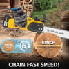 Yellow cordless electric chainsaw with a chain saw blade and a log, demonstrating 6 inch cut speed.
