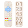 A beige silicone baby teether toy with various buttons and a remote control shape.