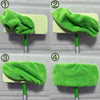 Four images showing reusable green microfiber mop refill pads being used on a mop handle.