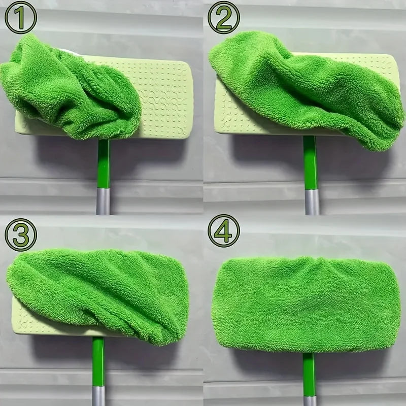 Four images showing reusable green microfiber mop refill pads being used on a mop handle.