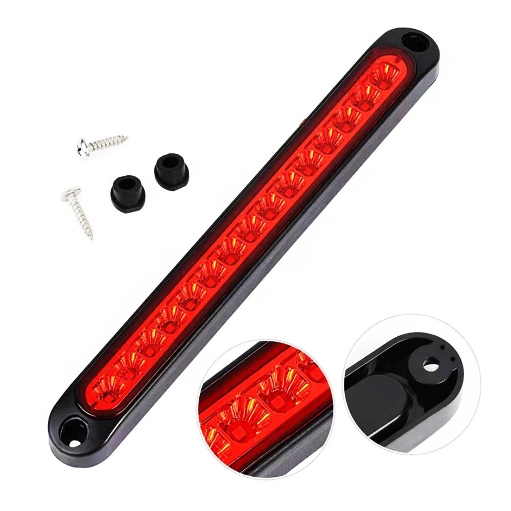 An 15-LED multi-function brake and signal light bar for vehicles, shown with mounting screws and a close-up view.