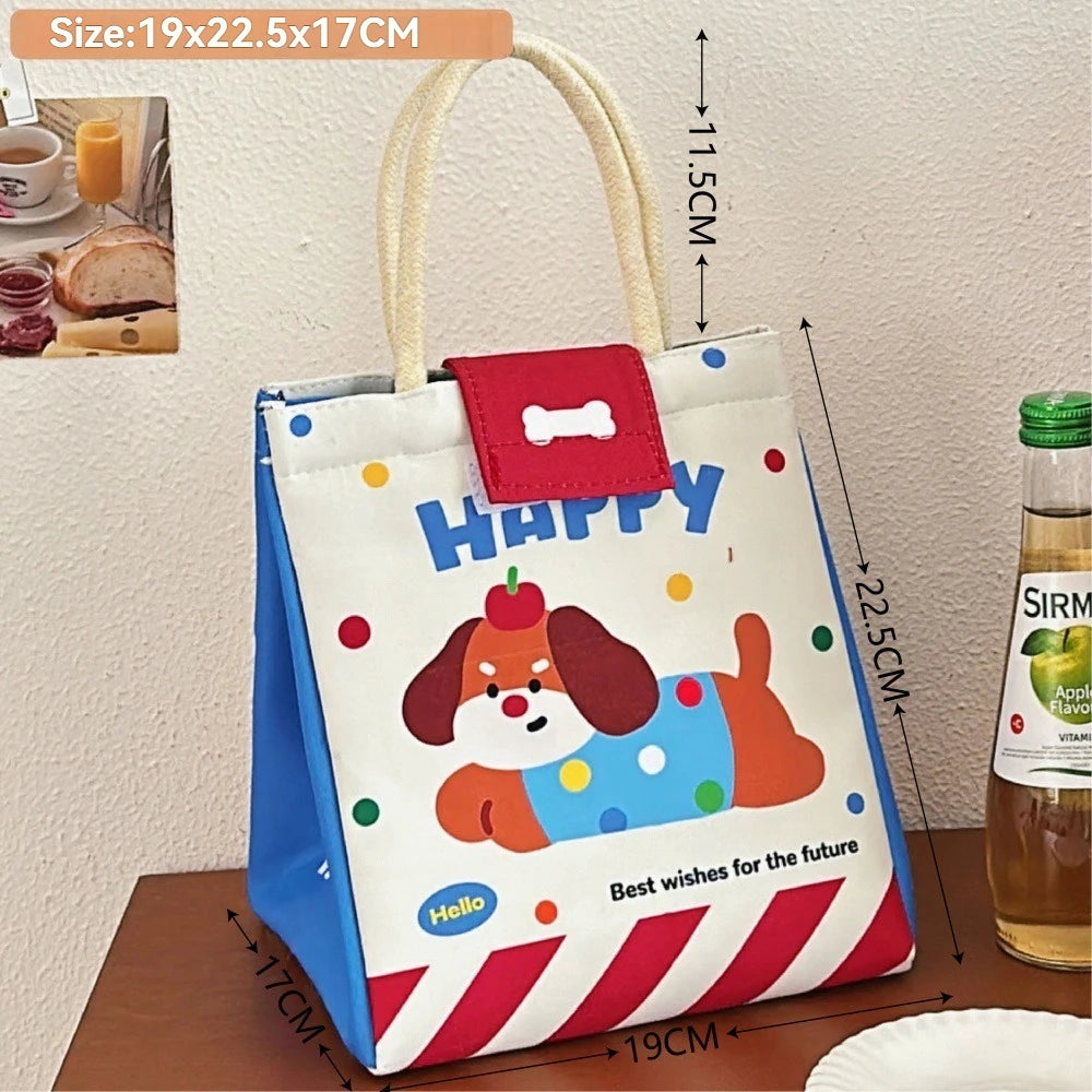 A white canvas lunch tote bag with a red and blue design featuring a dog illustration and a red tag.